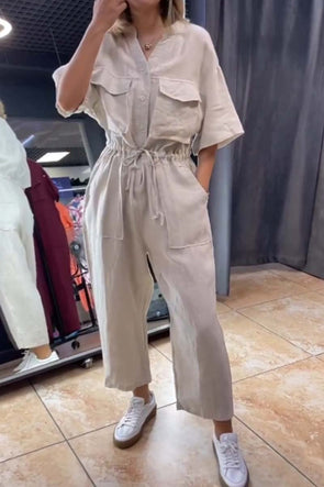 Women's Casual Multi-Pocket Drawstring Jumpsuit