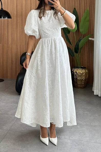 Women's Elegant Embroidery Decorated Backless Tie-Strap Puff Sleeve Dress