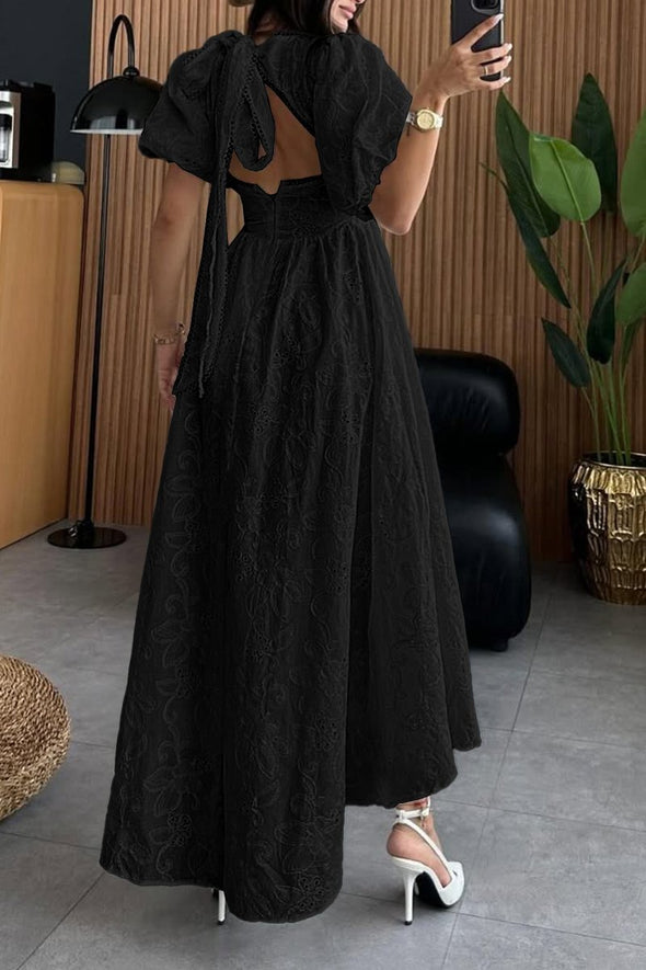 Women's Elegant Embroidery Decorated Backless Tie-Strap Puff Sleeve Dress