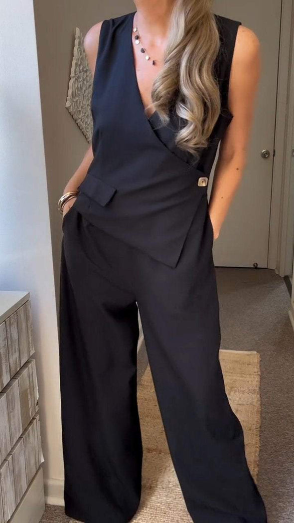 Women's V-neck Solid Color Button Casual Jumpsuit