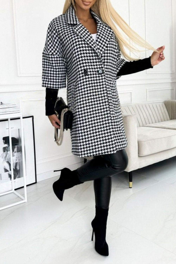 Women's Houndstooth Sleeves Knitted Patchwork Lapel Jacket