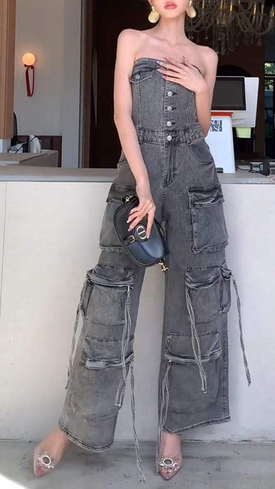 Women's Slightly Elastic Tube Top Multi-pocket Workwear Denim Jumpsuit