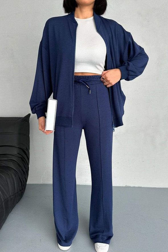 Women's Round Neck Hot Diamond Zipper Casual Sweatshirt Suit