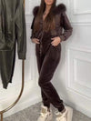 Women's Solid Color Fur Collar Hoodies and Trousers Set