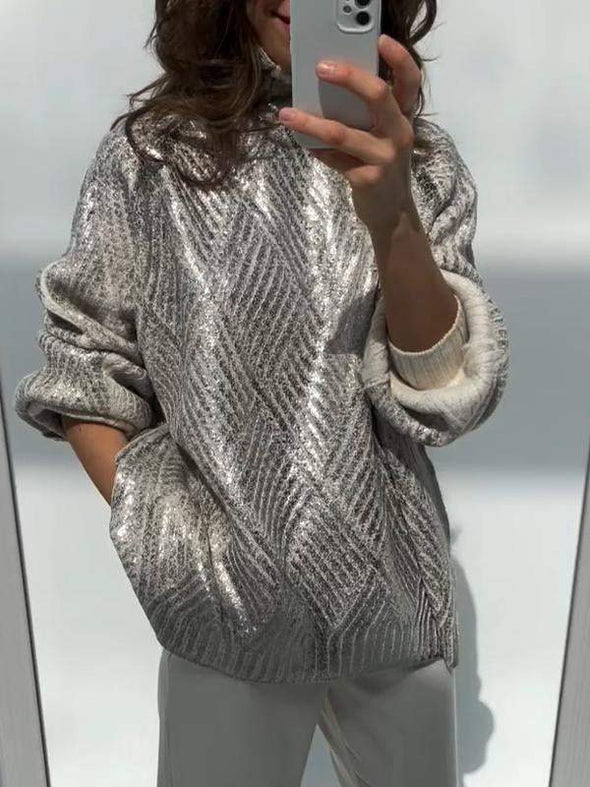 Women's High Collar Knitted Silver-stamped Casual Sweater