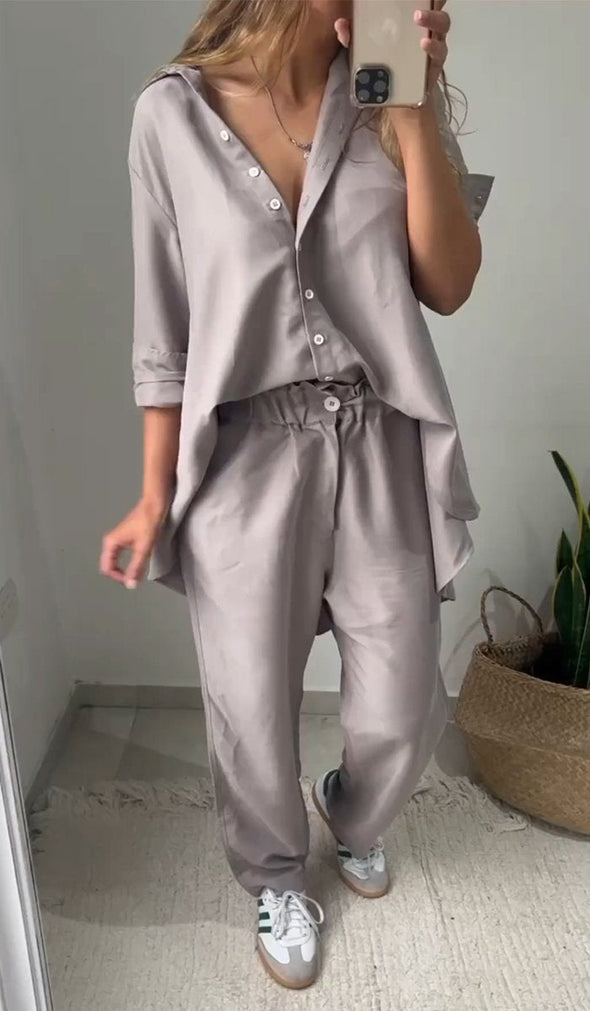 Women's Casual Lapel Single-breasted Shirt Two-piece Suit