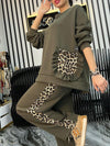 Women's Round Neck Long Sleeve Leopard Print Patchwork Pullover Sweatshirt Suit