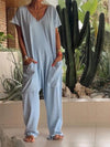 Casual V-neck Solid Color Jumpsuit