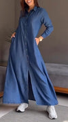 Thin Denim Lapel Long Dress