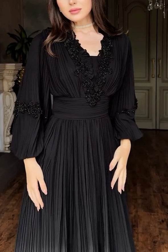 Women's Elegant V-neck Lace-embellished Puff Sleeve Dress