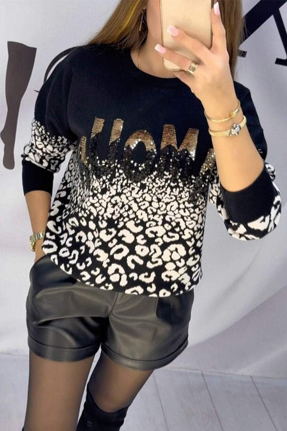 Women's Round Neck Leopard Printed Gold-stamped Sweater