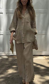 Women's Casual Solid Color Cotton and Linen Two Piece Suit