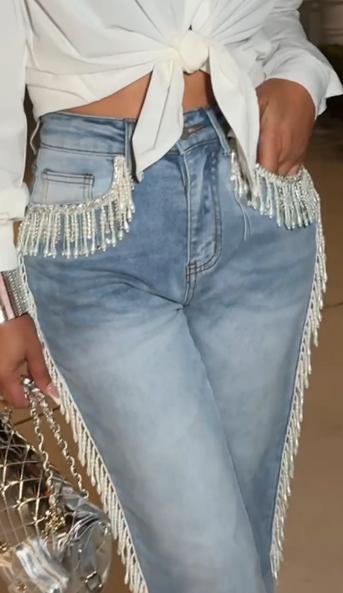 Women's Fashion Diamond Tassel Decorated Denim Pants