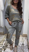 Women's V-neck Silver-stamped Knitted Top + Sequined Trousers Casual Suit