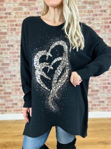 Women's Round Neck Heart Sequin Design Casual Top