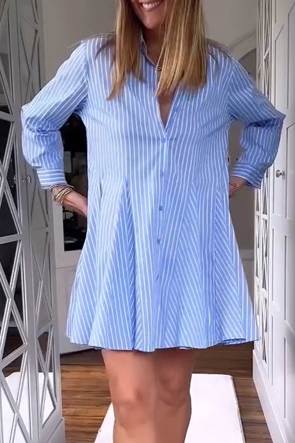 Women's Casual Striped Pleated Shirt Dress