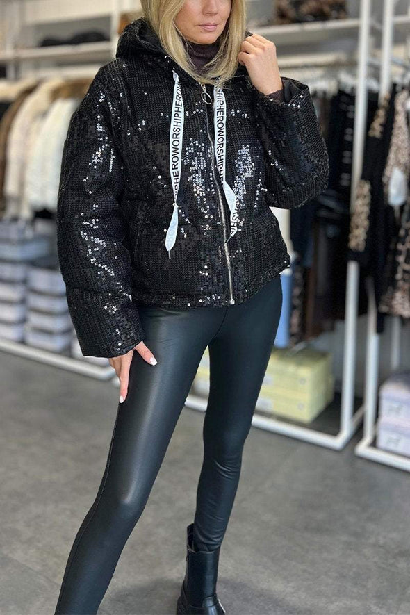 Women's Lapel Sequin Short Cotton Coat