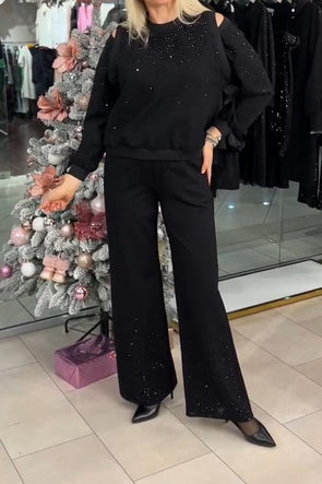 Women's Casual Off-shoulder Rhinestone Sweatshirt Two-piece Suit