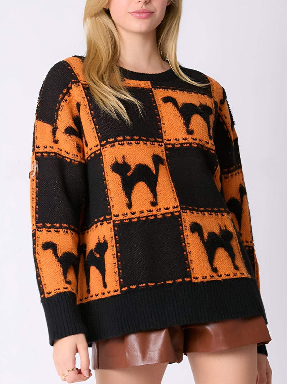 Women's Round-neck Halloween Ghost Plaid Pullover Knitted Sweater