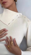 Women's Elegant Lapel Off-Shoulder Half-Button Puff Long-Sleeve Sweater & Elegant Slim Back Buttoned Woolen Trousers