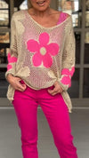 Floral Pattern Knitted Cutout V-neck Blouse