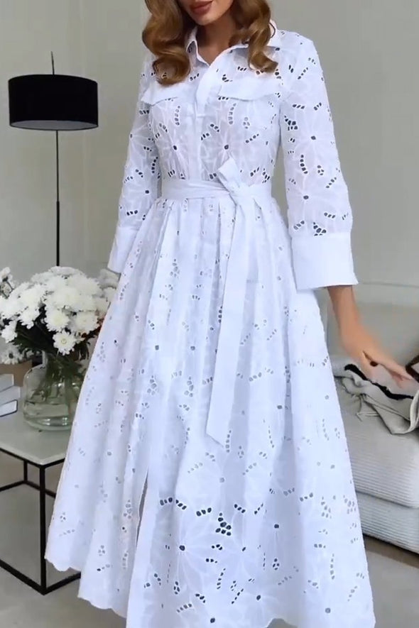 Women's elegant hollow flower tie shirt dress