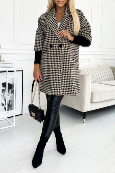 Women's Houndstooth Sleeves Knitted Patchwork Lapel Jacket