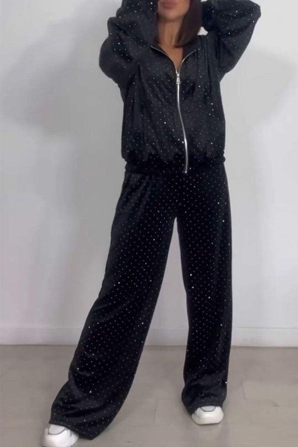 Women's Solid Color Sequined Hoodies and Trousers Set