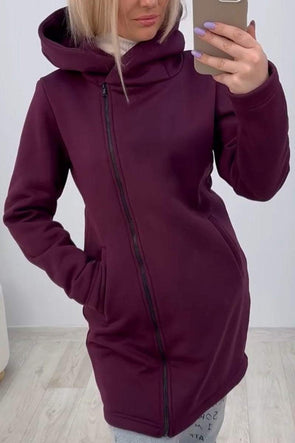 Women's Casual Solid Color Zipper Hooded Cardigan