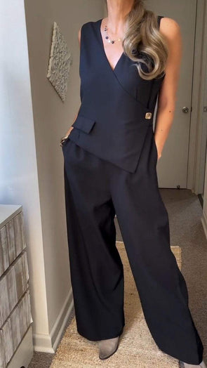 Women's V-neck Solid Color Button Casual Jumpsuit