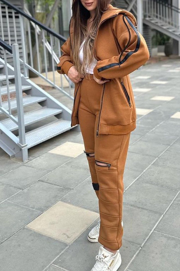 Women's fashion hooded zipper two-piece suit