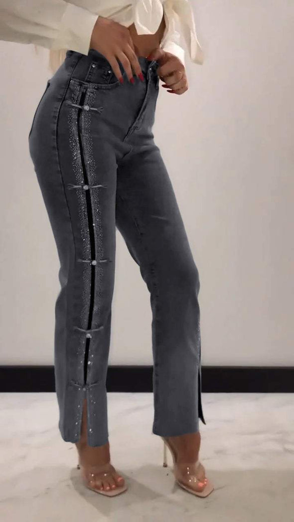 Women's Hot Diamond Patchwork Design Slit Slim Jeans