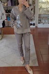 Women's Casual V-neck Gold-stamped Cotton and Linen Suit