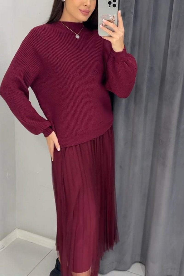 Women's Casual Round-neck Knitted Sweater + Dress Set