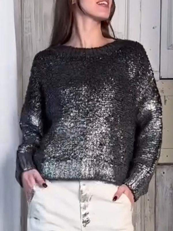 Women's Round Neck Long Sleeve Silver Hot Casual Sweater