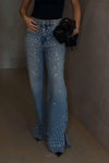 Women's Casual Rhinestone Side-slit Jeans