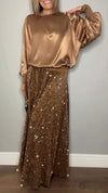 Women's Round Neck Satin Top + Sequined Skirt Set