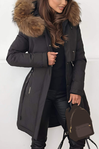 Women's Casual Hooded Fur Hat Mid-length Thick Coat