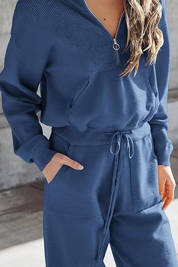 Women's Casual Lapel Half-zip Solid Color Two-piece Suit