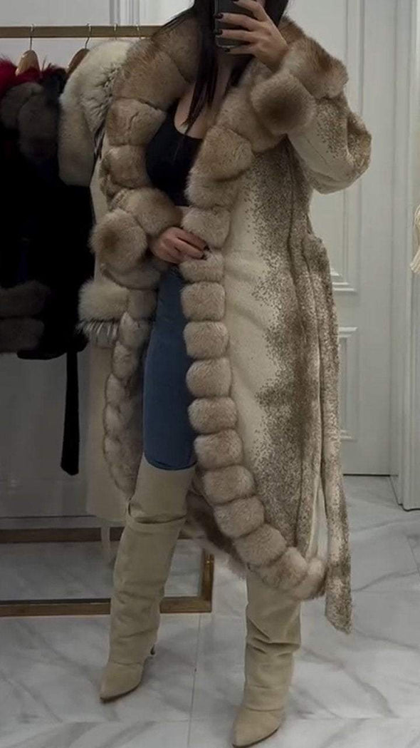 Women's Furry Long Coat with Large Lapel and Ties