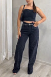 Women's Sexy High-end Flash Diamond Stretch Tube Top Jeans Suit