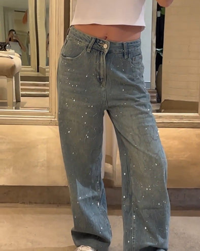 Women's Rhinestone Wide-leg Casual Jeans