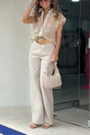 Women's Spring Fashion Floral Embroidery Shirt Wide Leg Pants Two-Piece Set