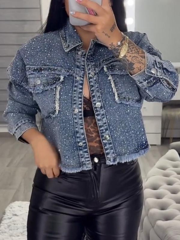 Women's Lapel Rhinestone Denim Jacket