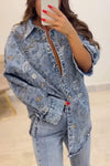 Women's Lapel Beaded Casual Denim Long Shirt