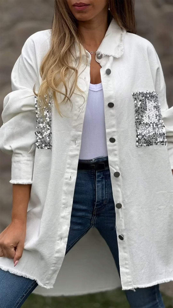 Women's Lapel Sequined Denim Coat