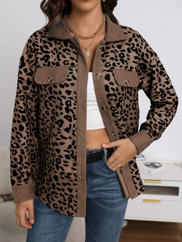 Women's Autumn and Winter Leopard Print Button Long Sleeve Jacket