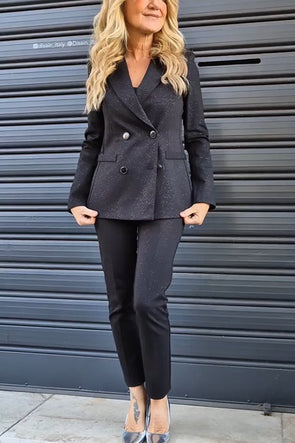 Women's Elegant Shiny Fabric Lapel Blazer And Leggings Commuting Suit