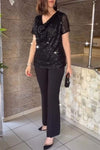 Women's V-neck Sequined Short-sleeved Top and Trousers Set