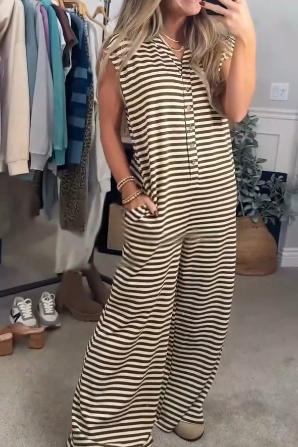 Women's Spring Casual Sleeveless V-Neck Striped Jumpsuit